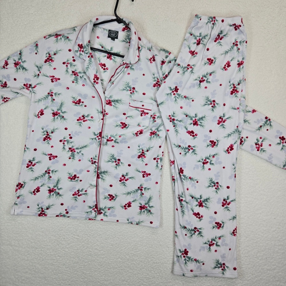 Laura Ashley Womens Pajama Set L M Holly Berry Christmas Sleepwear Fleece Cozy